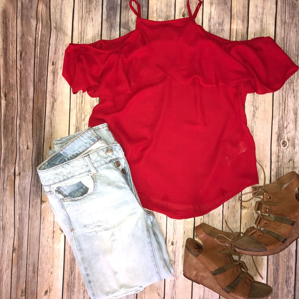 Red cold shoulder top